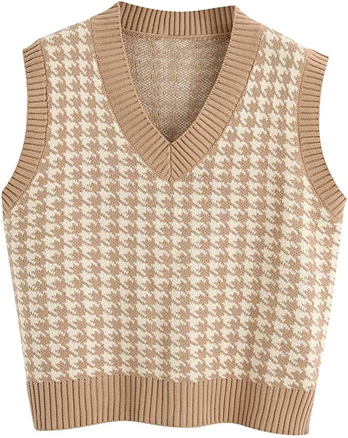 Sdencin Women Houndstooth Pattern Knit Sweater Vest Sleeveless Loose V-Neck 90s Waistcoat Pullove... | Amazon (US)