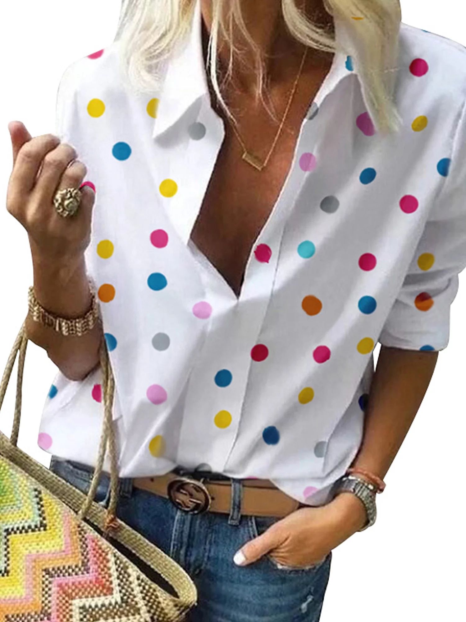 S-5XL Women's Summer Polka Dot Button Down T Shirts Roll-up Sleeve Tops V Neck Casual Work Blouse... | Walmart (US)