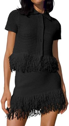 Fisoew Womens 2 Piece Crochet Outfits Short Sleeve Button Knit Sweater Tops Fringe Skirt Summer V... | Amazon (US)