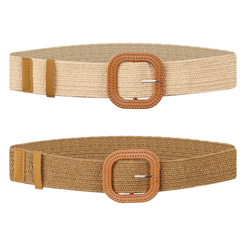 XIATIAN Straw Woven Elastic Stretch Belts Women, 2 Pcs Ladies Belts for Dress, Fashion Boho Ladie... | Amazon (UK)