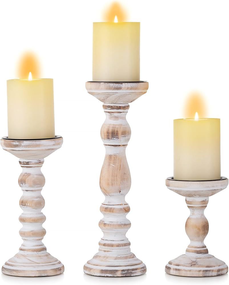 Wood Candle Holders for Pillar Candles - Tall Rustic Candle Holder (Set of 3), Large Farmhouse Ca... | Amazon (US)