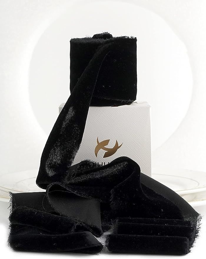 HUIHUANG Silk Velvet Ribbon Black Hand Dyed Velvet Ribbon 2 inch x 3 Yards Roll Handmade Frayed V... | Amazon (US)