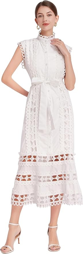 LAI MENG FIVE CATS Women's Sleeveless Hollow Out Lace Button Up Casual Midi Party Dress with Belt | Amazon (US)
