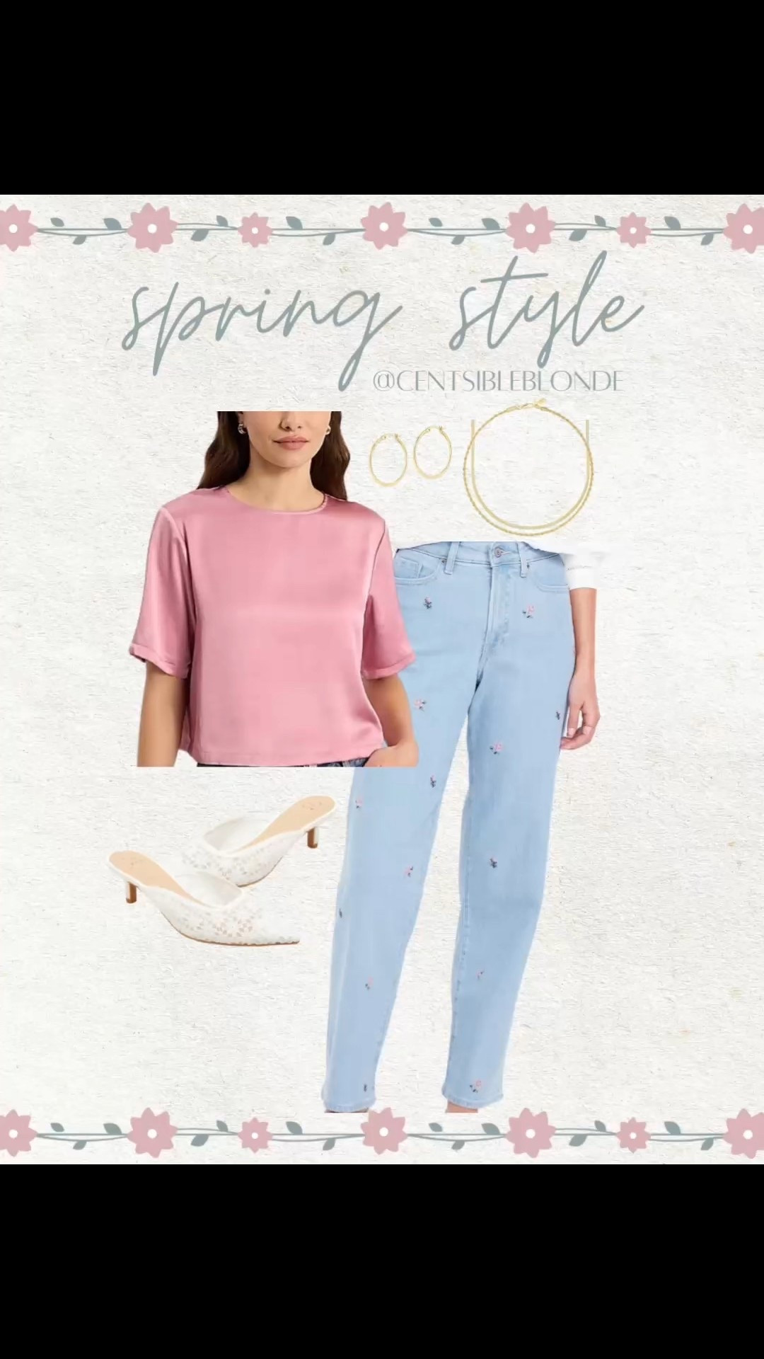 spring outfit, spring style, embroidered jeans, embroidered heels, Mule heels, kitten heels, blue and pink, light denim, old navy jeans, spring jeans, gold jewelry, gold hoops, electric picks, gold necklaces, pink top, satin top, brunch outfit, casual Friday 

#LTKWorkwear #LTKSeasonal #LTKFindsUnder50