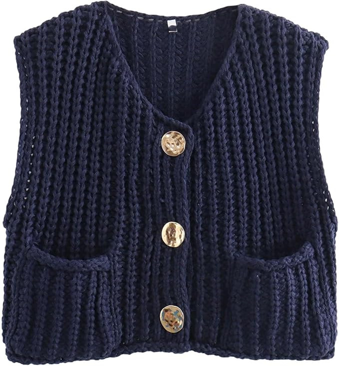 Fashion Sweater Vest Women's V-Neck Blue Button Front Pocket Sleeveless Chunky Knit Cardigan Vest | Amazon (US)