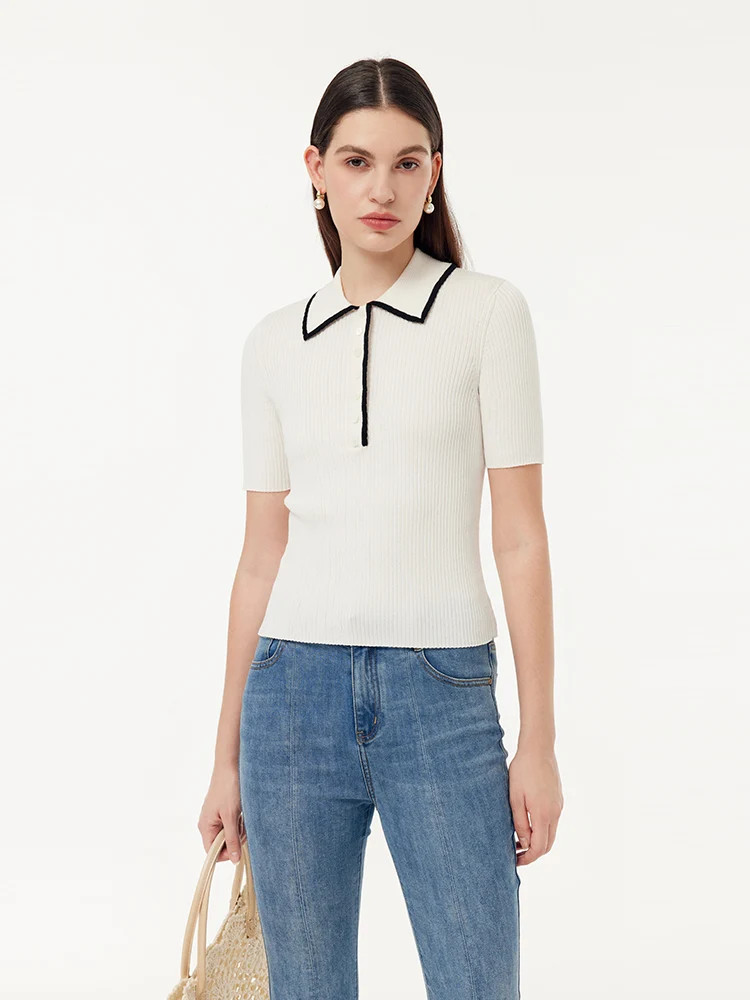 Contrast Trim Women Polo Knit Top | GOELIA