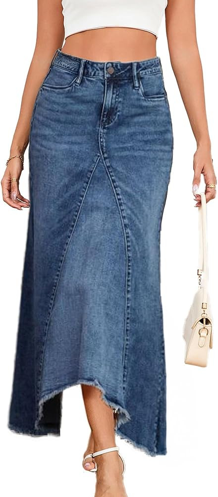 Jean Skirt for Women Denim Skirt High Waist Stretch Midi Denim Skirts with Pockets | Amazon (US)