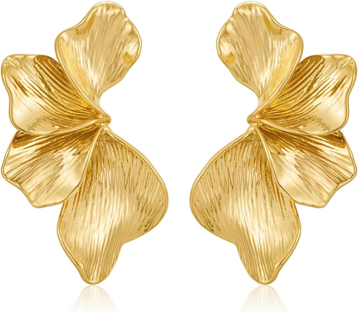 Gold Flower Earrings, Gold Statement Earrings for Women Large Boho Chunky Flower Shell Angel Wing... | Amazon (US)