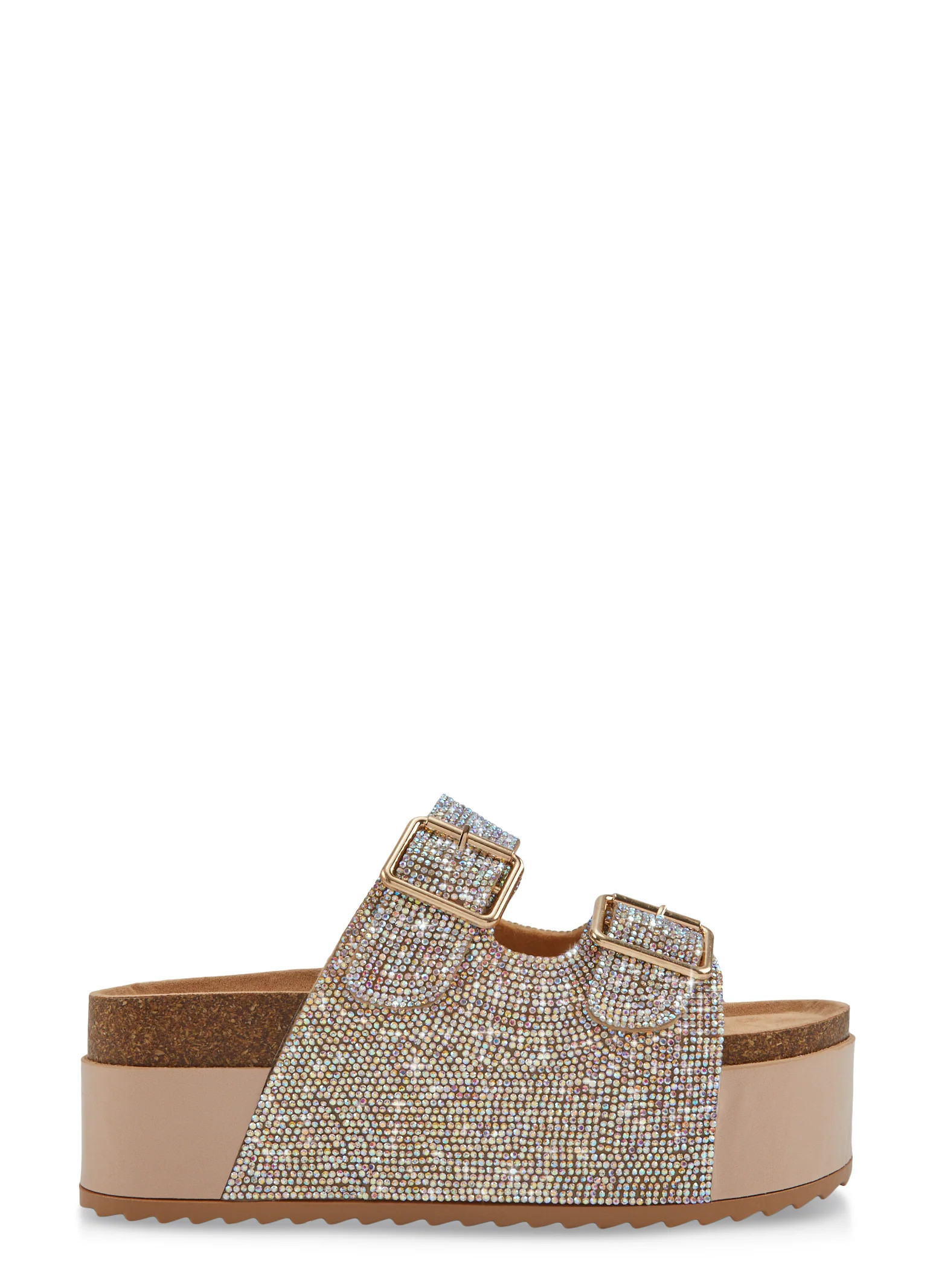 Rhinestone Buckle Platform Footbed Slide Sandals | Rainbow Shops