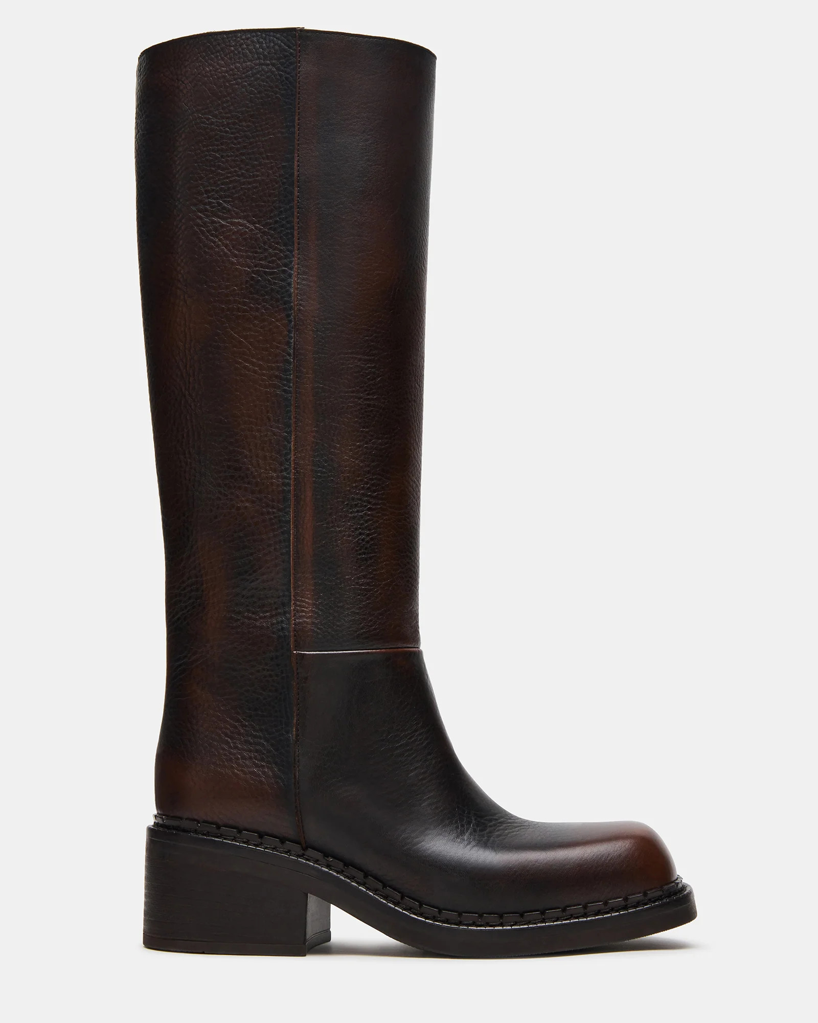 DAVOS Cognac Leather Square-Toe Knee High Block Heel Women's Boot | Steve Madden (US)