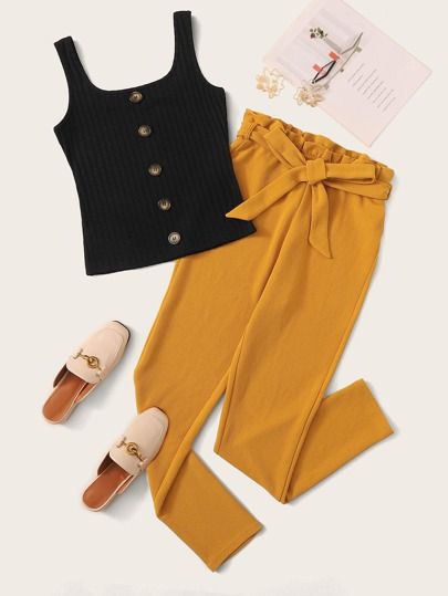 SHEIN Button Front Rib-knit Tank & Paperbag Waist Pants Set | SHEIN