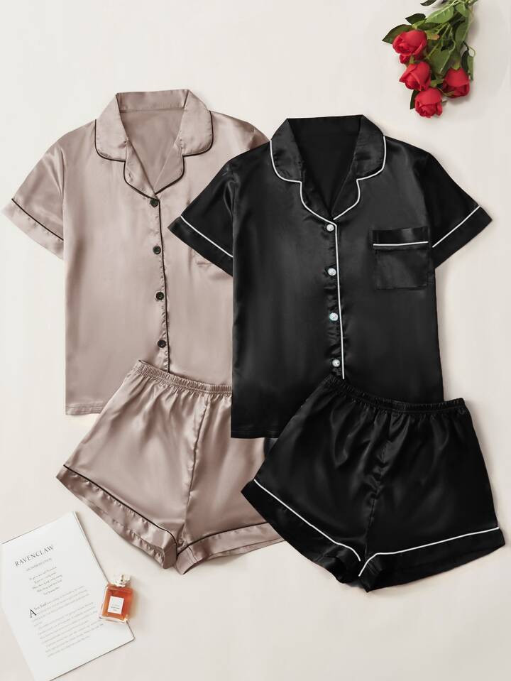 2pcs Contrast Piping Satin Sleep Top & 2pcs Sleep Shorts | SHEIN