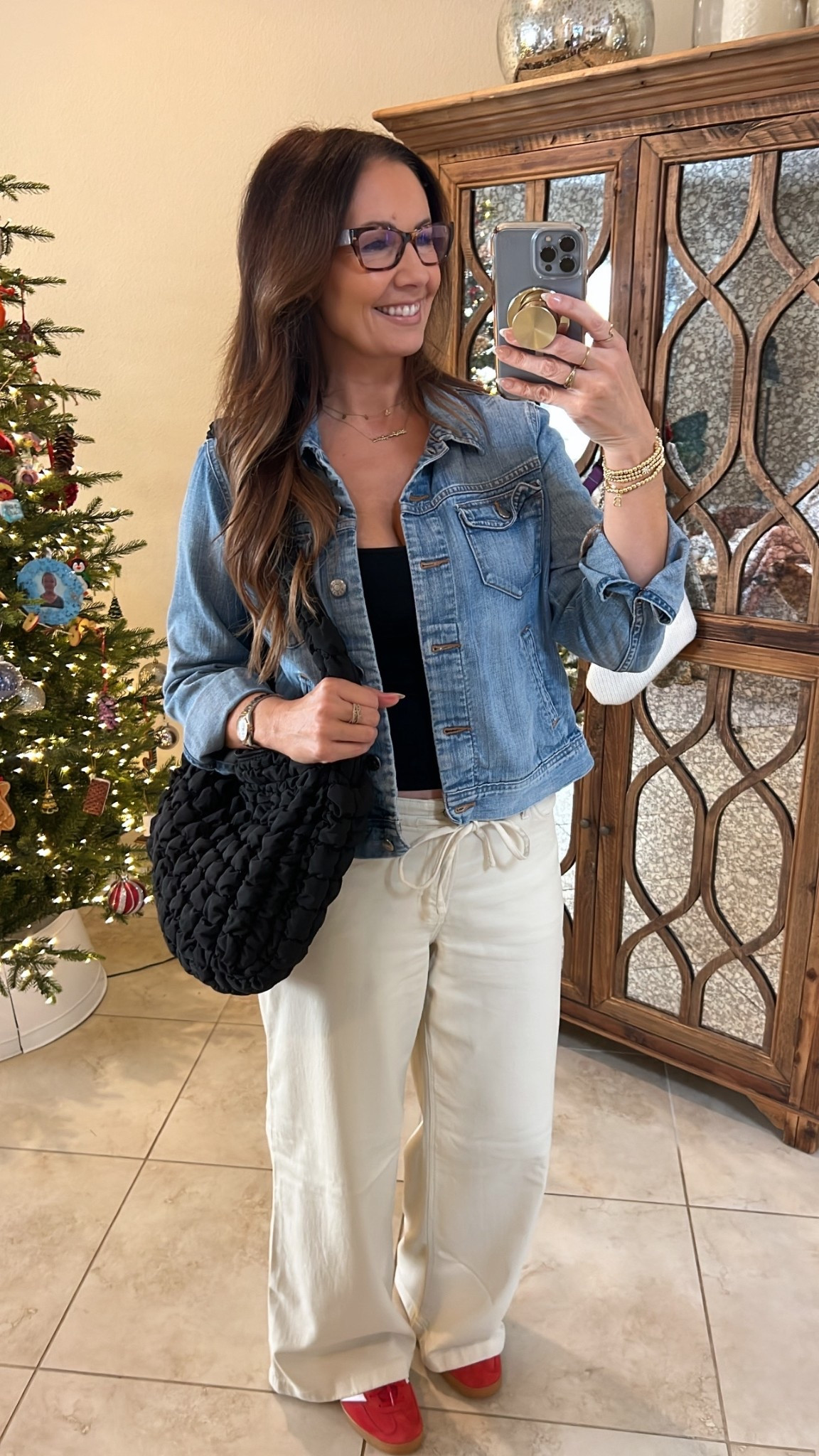 Tall/short girl friendly wide leg pants on sale. Denim jacket, puffer bag, red adidas

#LTKGiftGuide #LTKgrwm #LTKHoliday