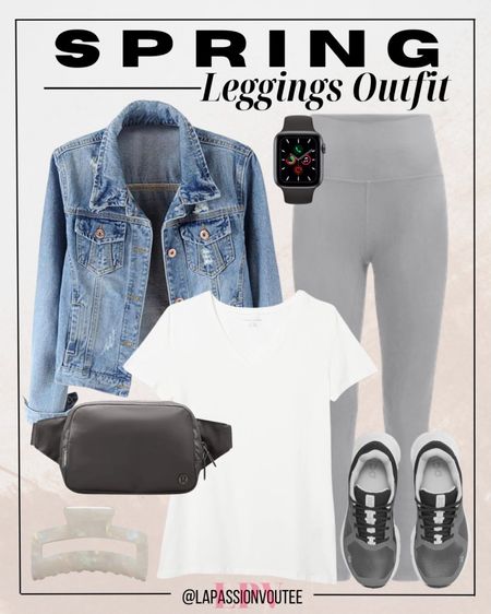 Get ready for spring in style with this versatile and chic ensemble! Layer a denim jacket over a classic tee paired with ribbed leggings for an effortlessly cool look. Add a belted bag for a trendy touch and complete the outfit with sneakers, a watch, and a cute hair clip for added flair.

#LTKstyletip #LTKSeasonal