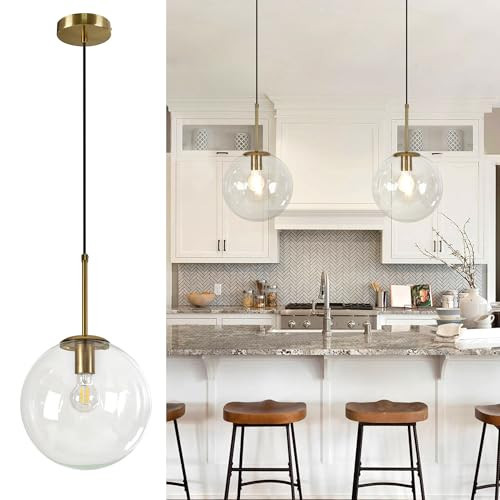 WillWant 10" Globe Clear Glass Pendant Light, Mid Century Modern Light Fixture for Dining Room, Bedroom, Kitchen Island Lighting, Brushed Brass Gold | Amazon (US)