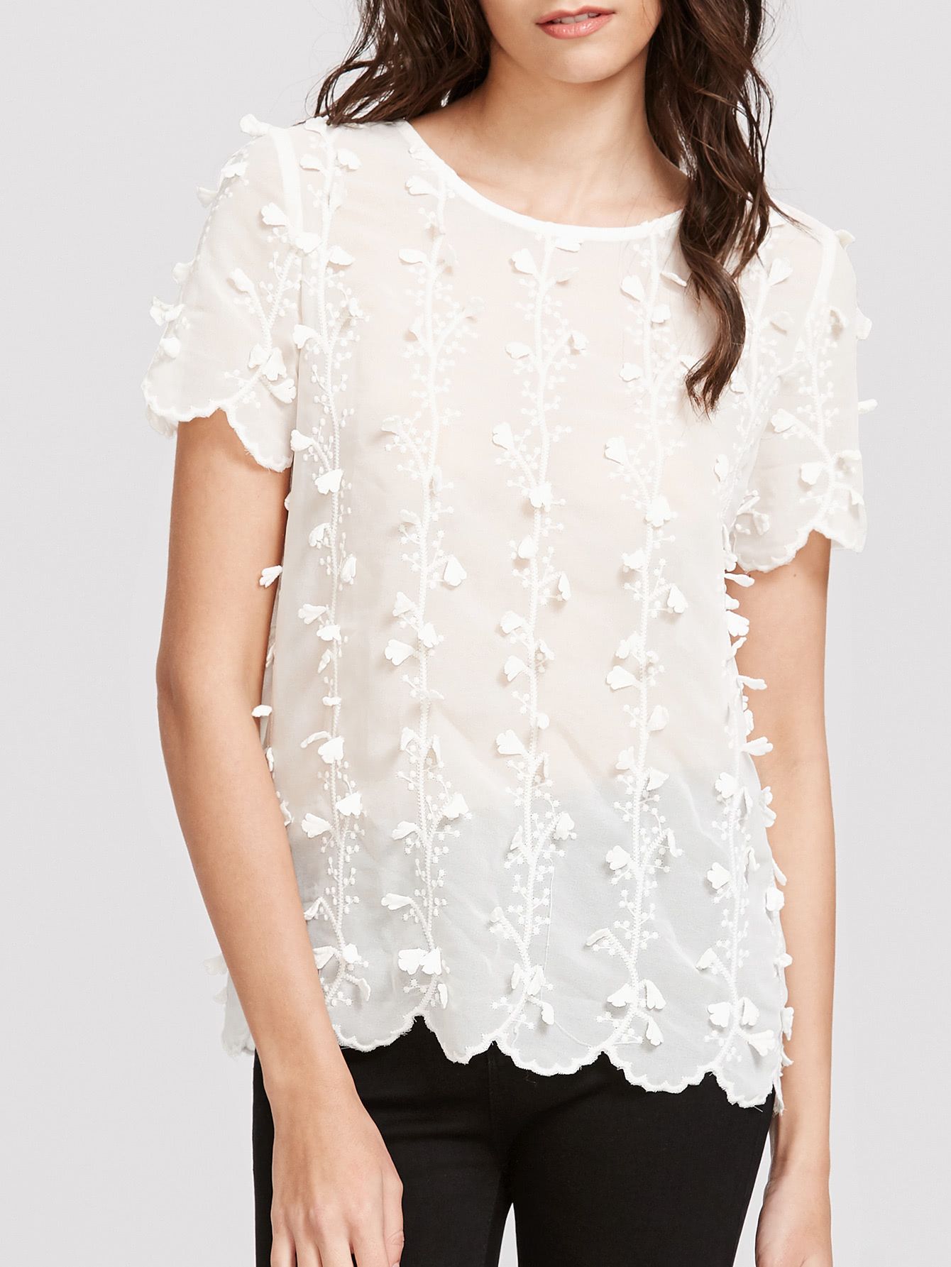 White Botanical Applique Embroidered Top | SHEIN