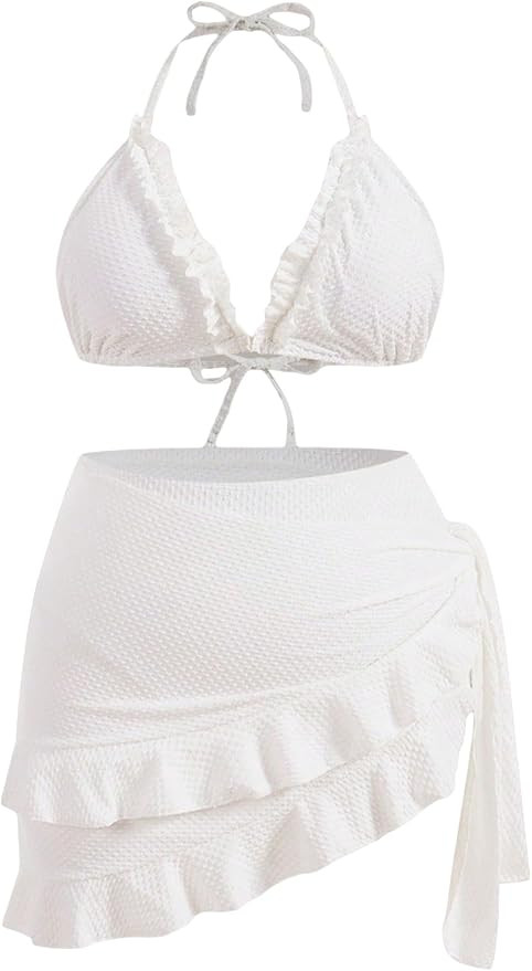 BEAUDRM Women's 3 Piece Plus Size Lettuce Trim Bikini Halter Tie Side Triangle Set with Beach Ski... | Amazon (US)