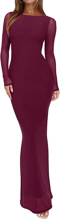 REORIA Women's Spring Mesh Sheer Long Sleeve Wedding Guest Dress Sexy Floral Bodycon Maxi Long Dr... | Amazon (US)
