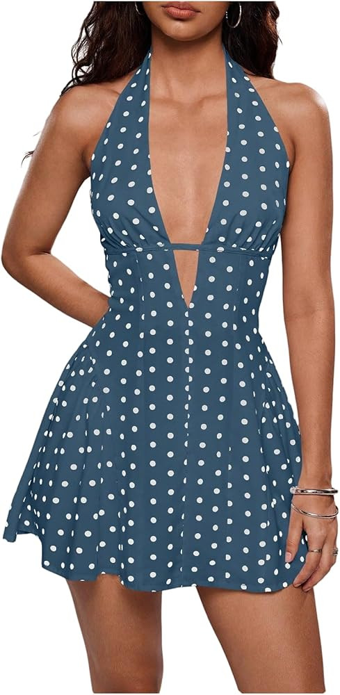 Floerns Women's Cute Vacation Vintage Polka Dots Deep V Neck Halter Dress Ruffle Backless Sleevel... | Amazon (US)