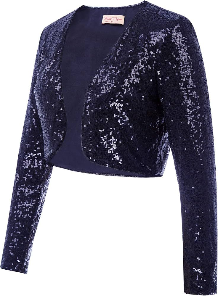 Belle Poque Women's Sequin Jacket Long Sleeve Open Front Glitter Cropped Blazer Bolero Shrug S-XXL | Amazon (US)