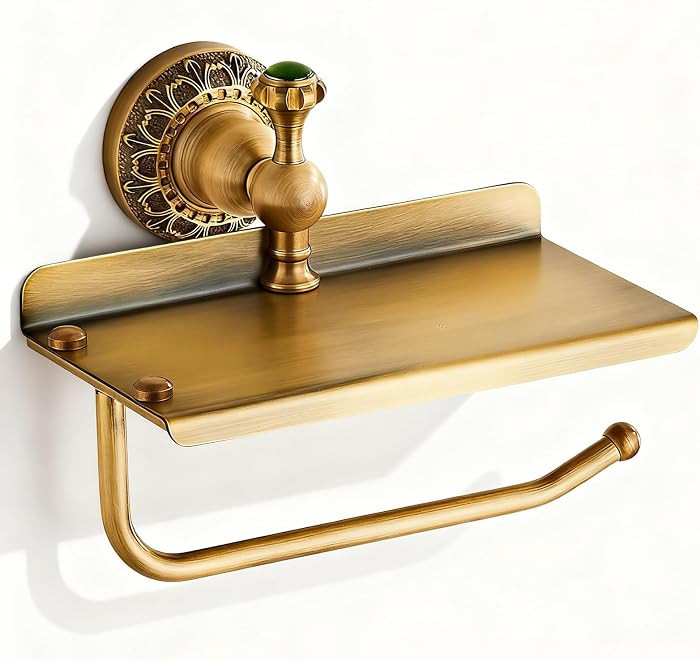 Toilet Paper Holder, NEWRAIN Vintage Bathroom Toilet Paper Roll Holder with Shelf, Solid Brass RV... | Amazon (US)