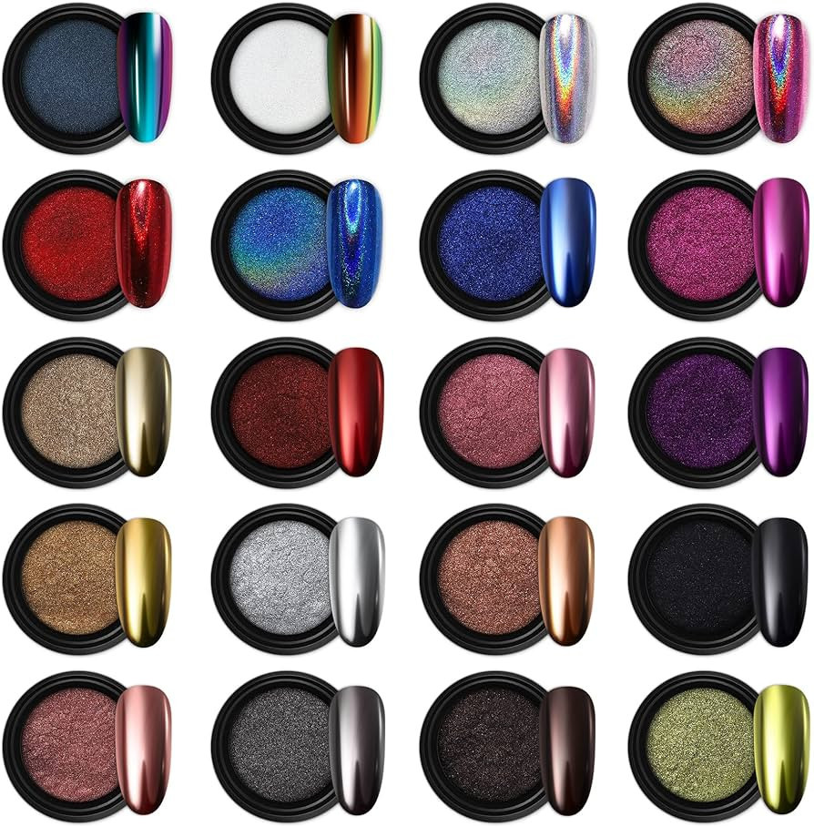 Artdone 20 Jars Chrome Nail Powder Metallic Mirror Effect Holographic Aurora Chameleon Pigment 1g... | Amazon (US)