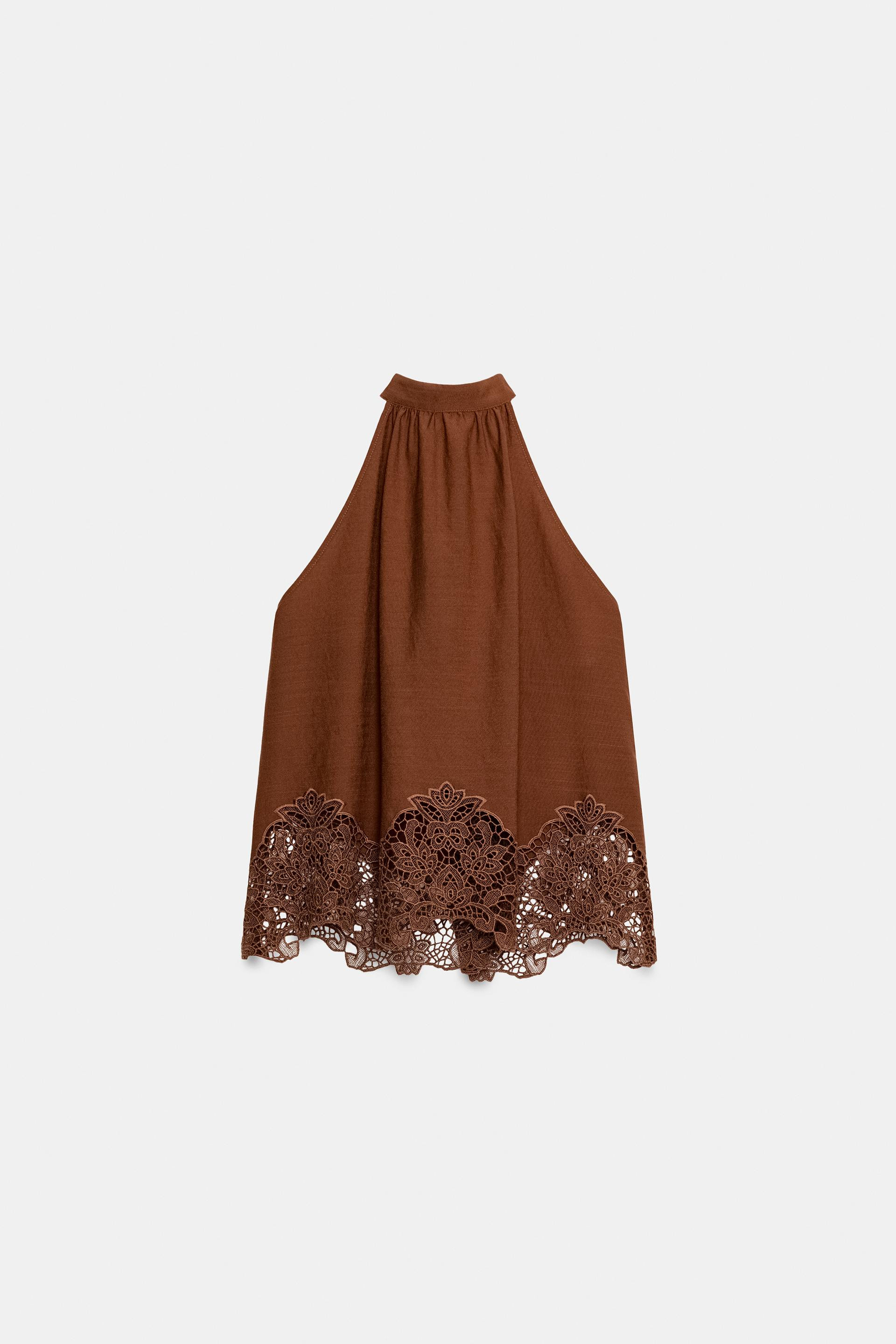 EMBROIDERED EYELET HALTER TOP | Zara US