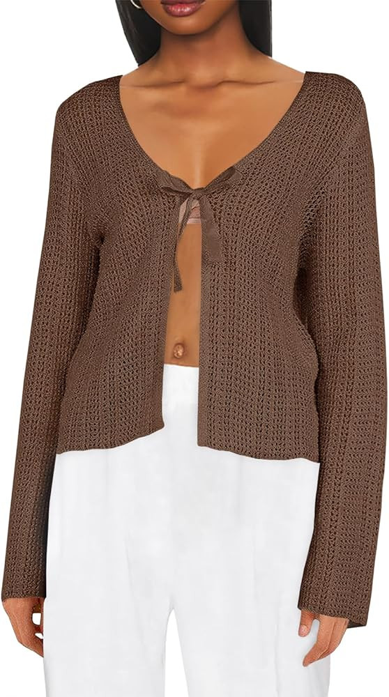 Saodimallsu Womens Summer Crochet Lightweight Cardigans Tie Front Mesh Knit Long Sleeve Casual V ... | Amazon (US)