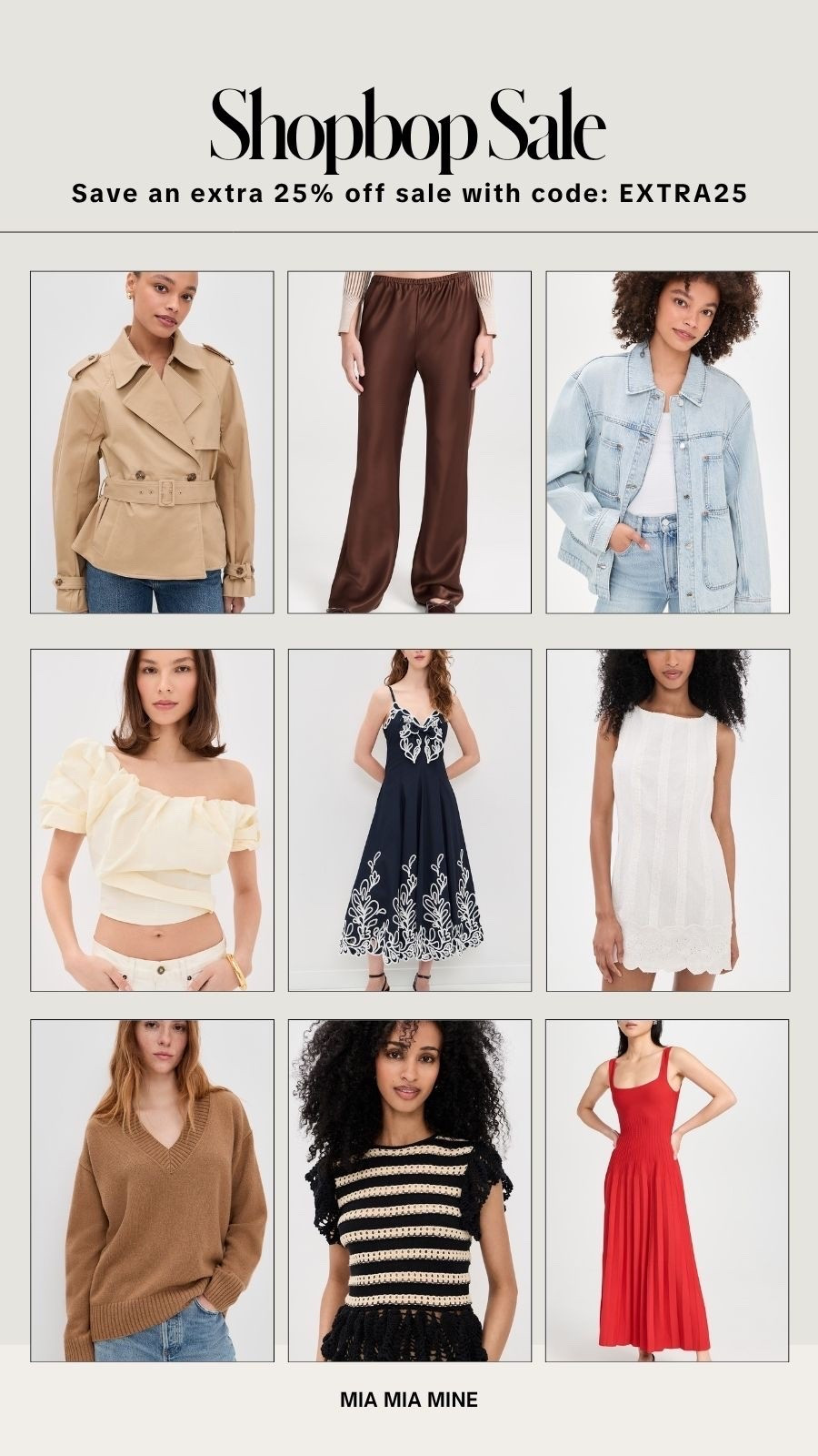 Huge sale happening at Shopbop
Aave an extra 25% off off sale with code EXTRA25
Reformation satin pants, cropped trench coat and summer dresses all
On sale

#LTKOver40 #LTKSaleAlert #LTKSeasonal