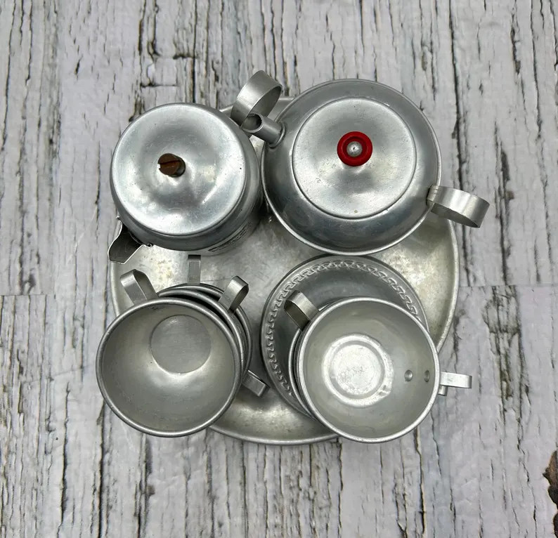 Vintage Aluminum Tea Set, Childs Tea Set, Frolic Aluminum Tea Set, Mismatched Children’s Play T... | Etsy (US)