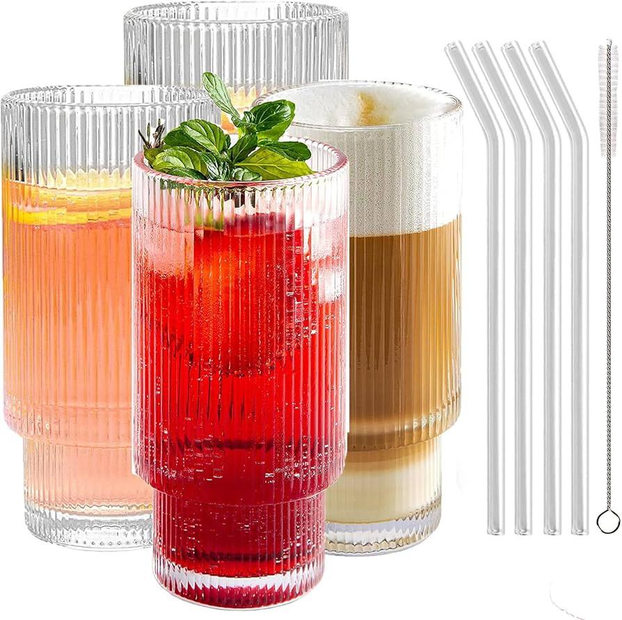 LDIWEE Ribbed Glassware Set of 4 Vintage Glass Cups 12oz with Straws, Cocktail Drinking Glasses F... | Amazon (US)