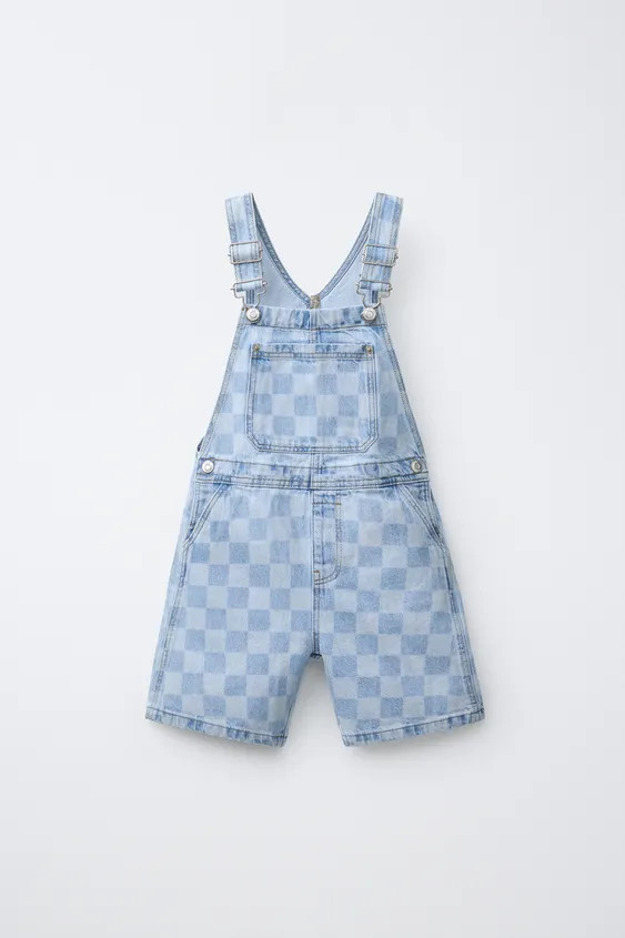 CHECKERBOARD DENIM OVERALL SHORTS | Zara US