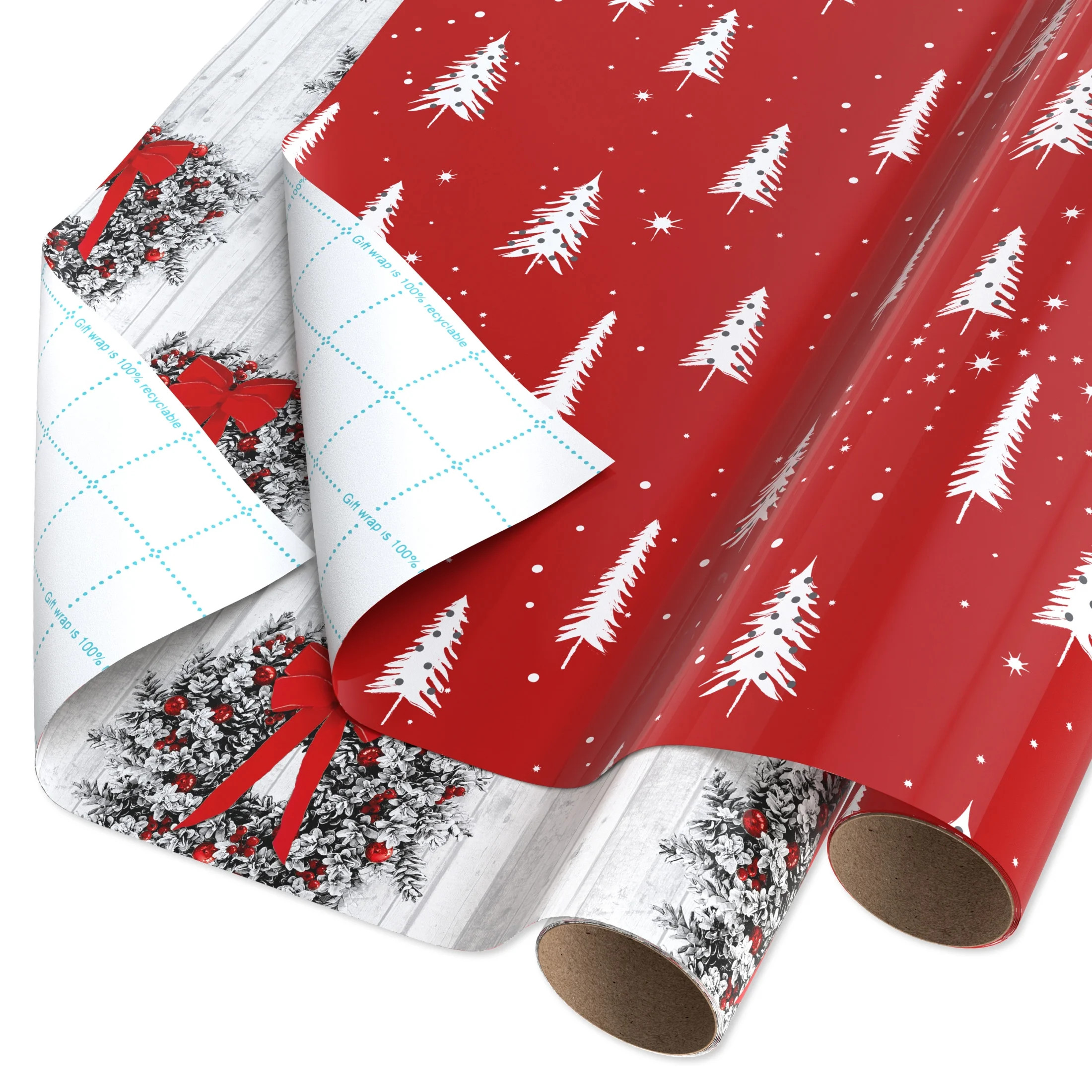 Greetings 30 in. Christmas Duo Roll Wrap with Cutlines, Festive Wreaths & Trees on Red (90 Sq. ft... | Walmart (US)
