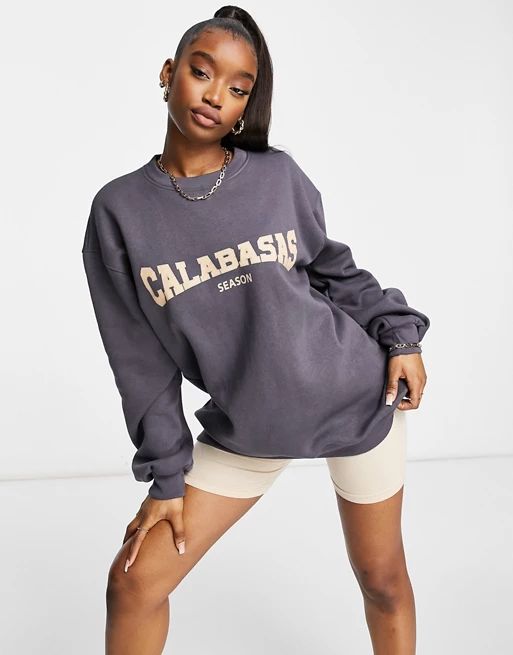 Public Desire oversized sweatshirt with Calabasas slogan co-ord in grey blue | ASOS (Global)