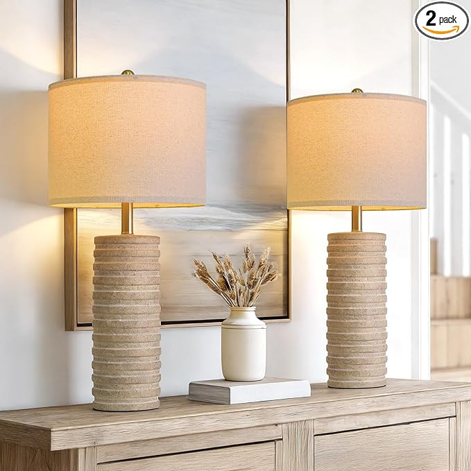 PoKat 27'' Farmhouse Table Lamps Set of 2 for Living Room, Stone-Like Bedside Lamp for Bedroom, B... | Amazon (US)