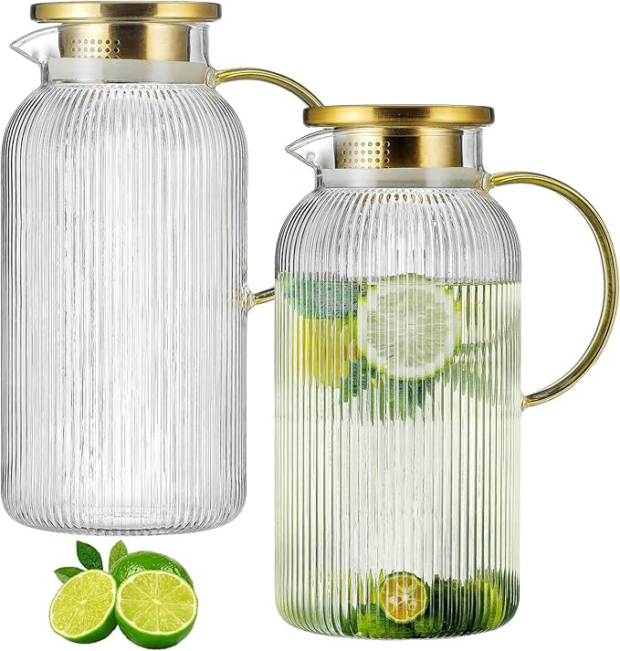 2 PACK Glass Pitcher with Lid, 68 oz/ 2 Liter Classic Vertical Stripes Water Pitcher,Glass Water ... | Amazon (US)