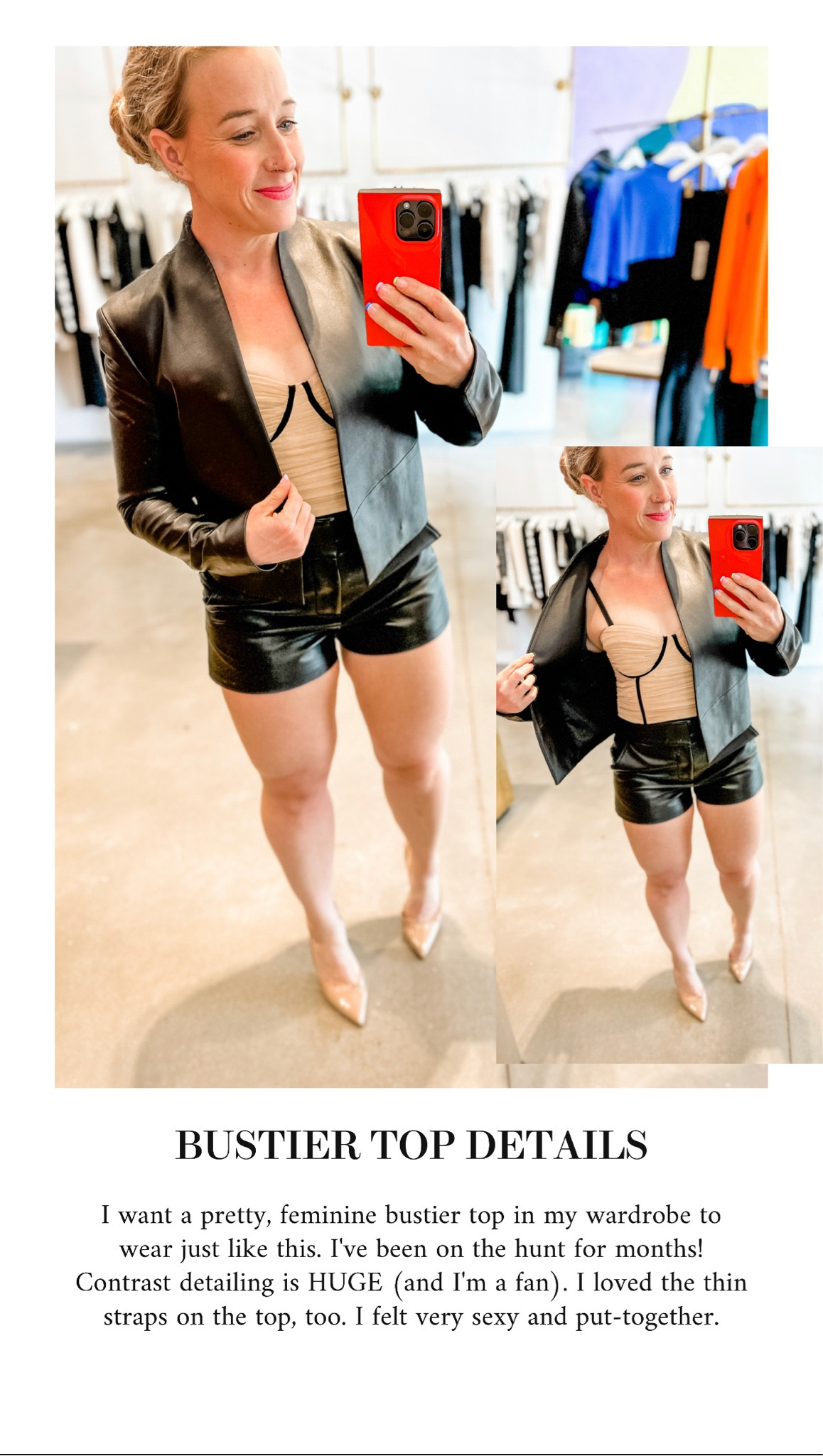 Black leather collarless jacket paired with matching black leather shorts and a contrast detailing black and nude bustier top.

House of Colour Winter
ALICE + OLIVIA TRY-ON

#LTKsalealert #LTKstyletip #LTKFind
