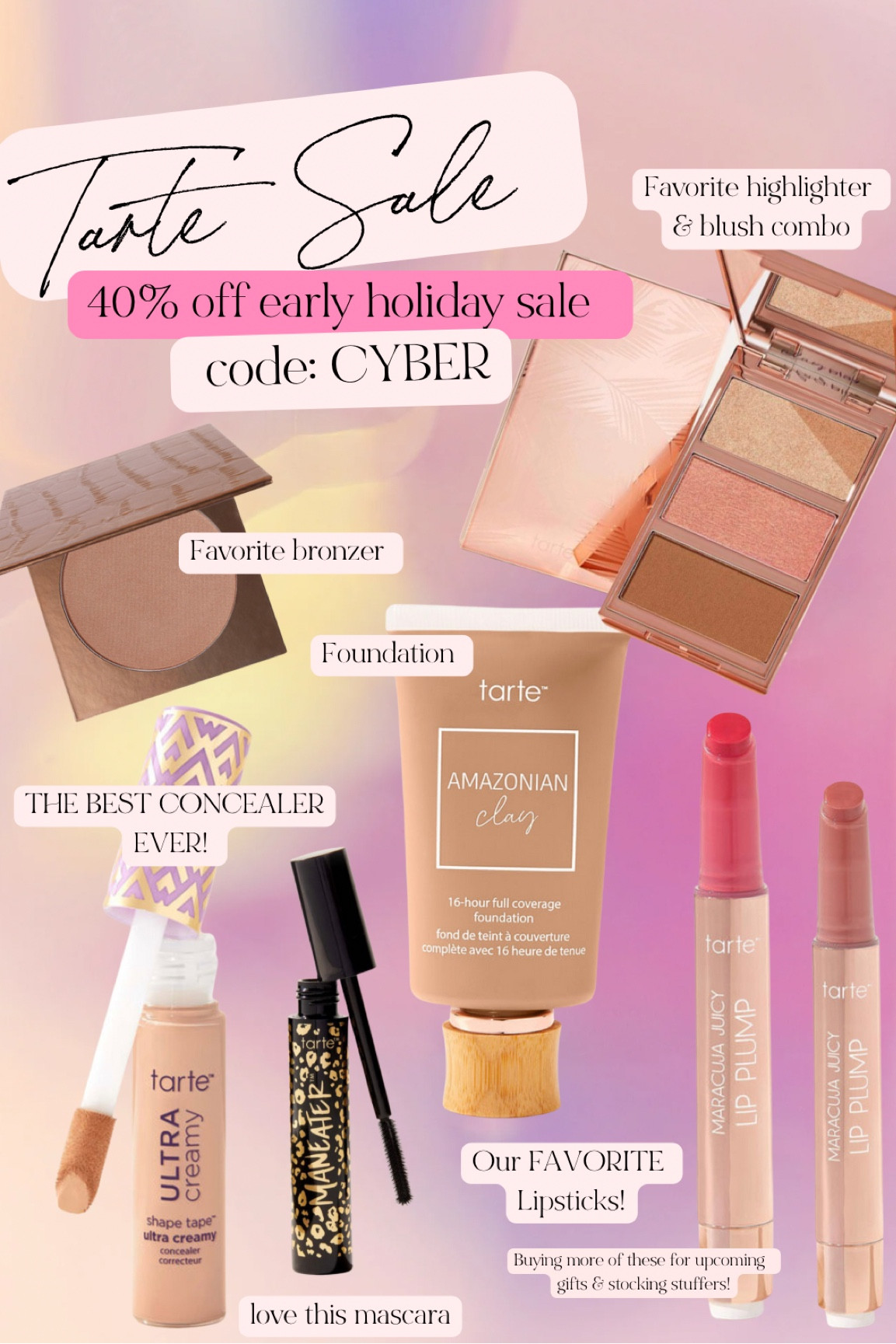 Tarte sale! CYBER for 40% off w/ your email! 
Holiday sale 
Makeup 
Tarte 

#LTKunder50 #LTKHoliday #LTKbeauty
