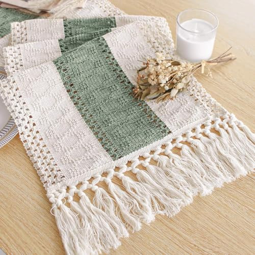 FEXIA Boho Table Runner for Home Decor with Tassels 108 Inches Long,Sage Green Farmhouse Rustic Table Runner Macrame Burlap Table Decoration for Living Room Bridal Shower(12x108 Inches) | Amazon (US)