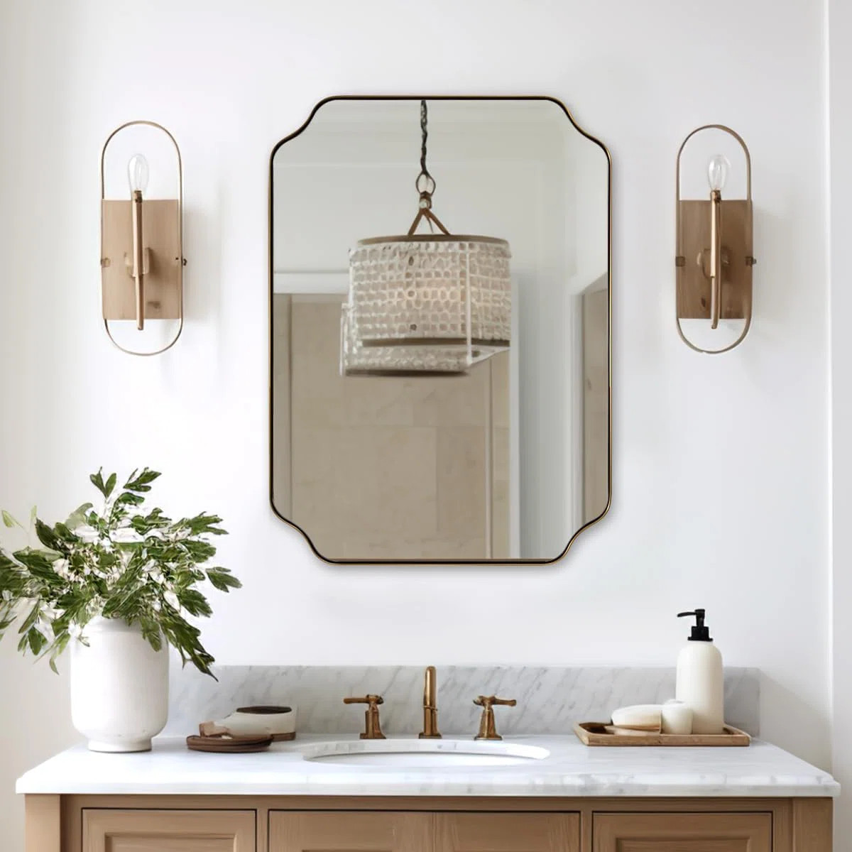 Modern Scalloped Corner Rectangle Bathroom Vanity Mirror | Stainless Steel Frame | Wayfair North America