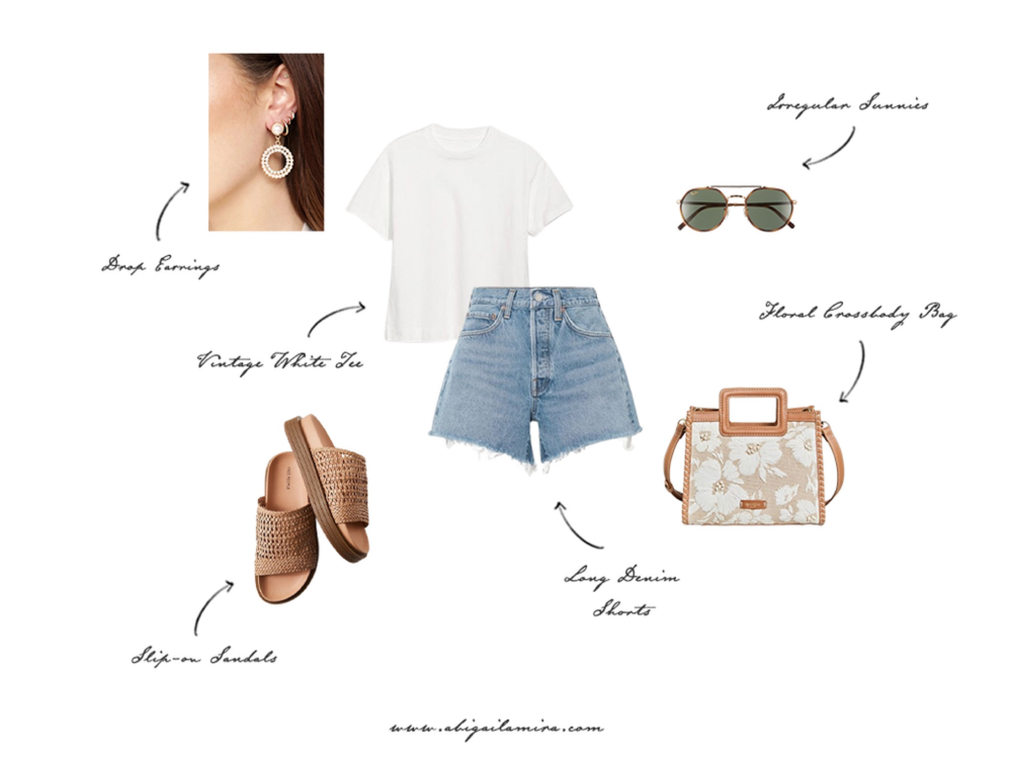 This outfit is perfect for an outdoor concert! I have paired some long denim shorts with a simple white vintage t-shirt, casual slip-on sandals, irregular sunglasses, and feminine drop earrings. You can wear this ensemble to the farmer's market, for drinks with friends, or even on vacation.

#LTKstyletip #LTKfindsunder50 #LTKSeasonal