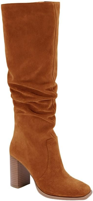 Womens Knee High Boots Chunky High Heel Square Toe Side Zipper Wide Calf Boot | Amazon (US)