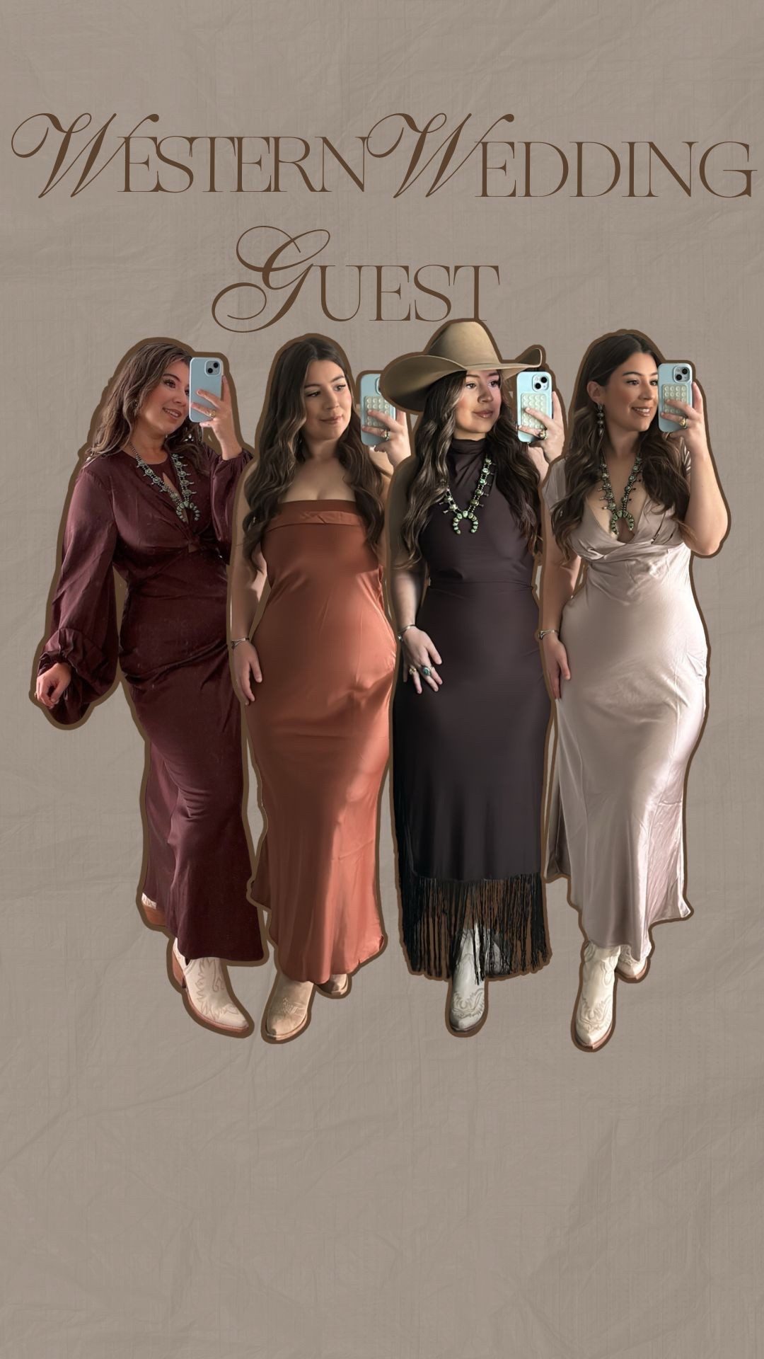 Fall Wedding Guest inspo, western style! 
SIZING LEFT TO RIGHT: 
1. size 8
2. medium 
3. small (has lots of stretch) 
4. medium 

#LTKFindsUnder100 #LTKFindsUnder50 #LTKWedding