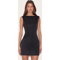 Black Satin Boat Neck Mini Dress | PrettyLittleThing US