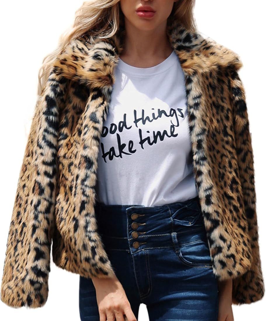 Clearance Ladies Leopard Print Jacket,Womens Winter Faux Fur Coat Warm Parka Short Pullover Outer... | Amazon (US)