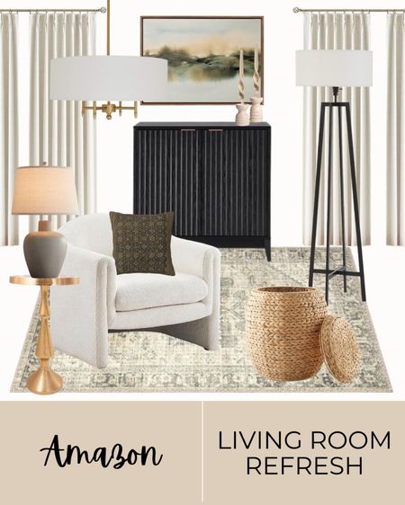 Living room refresh, moody decor, neutral rug, black ribbed accent table, wall decor, candle sticks, floor lamp, modern home, table lamp, gold accent table, accent chair, green throw pillow, ceiling lighting, neutral curtains 

#LTKhome #LTKfindsunder100 #LTKstyletip