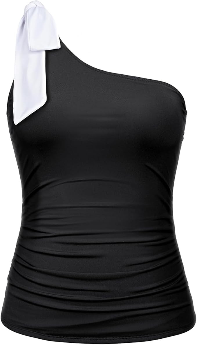 Women Tankini Bathing Suit Top - One Shoulder Swim Top Only Tummy Control Swimsuit Top Tie Swimwe... | Amazon (US)