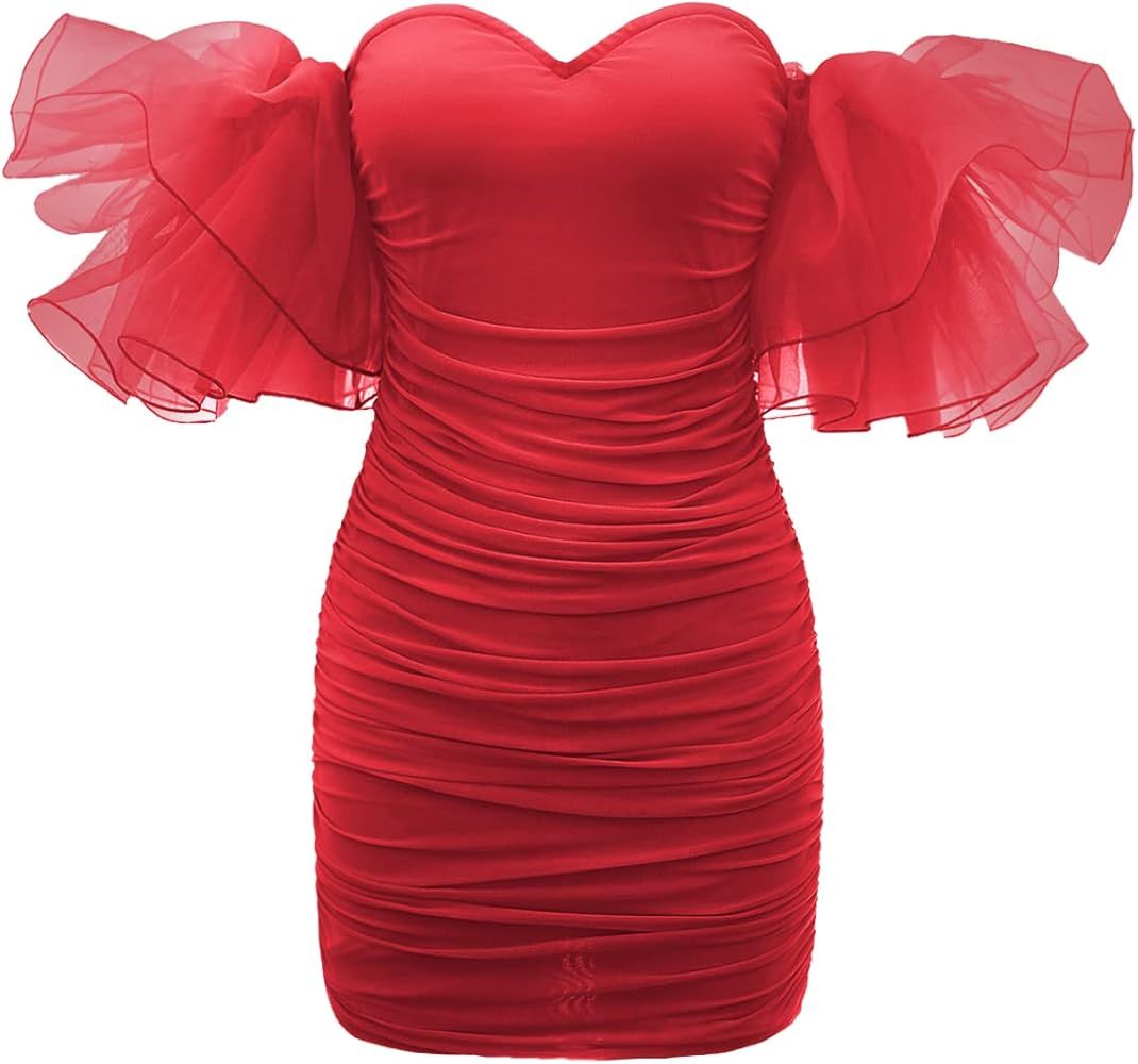WDIRARA Women's Off Shoulder Flutter Half Sleeve Ruched Mesh Cocktail Bodycon Mini Dress | Amazon (US)