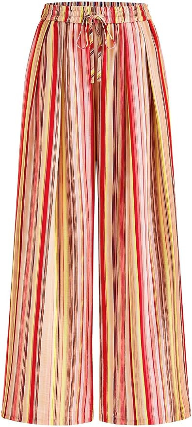 PRETTYGARDEN Womens Pants Elastic Waist Striped Lightweight Palazzo Pant | Casual Lounge Wide Leg... | Amazon (US)