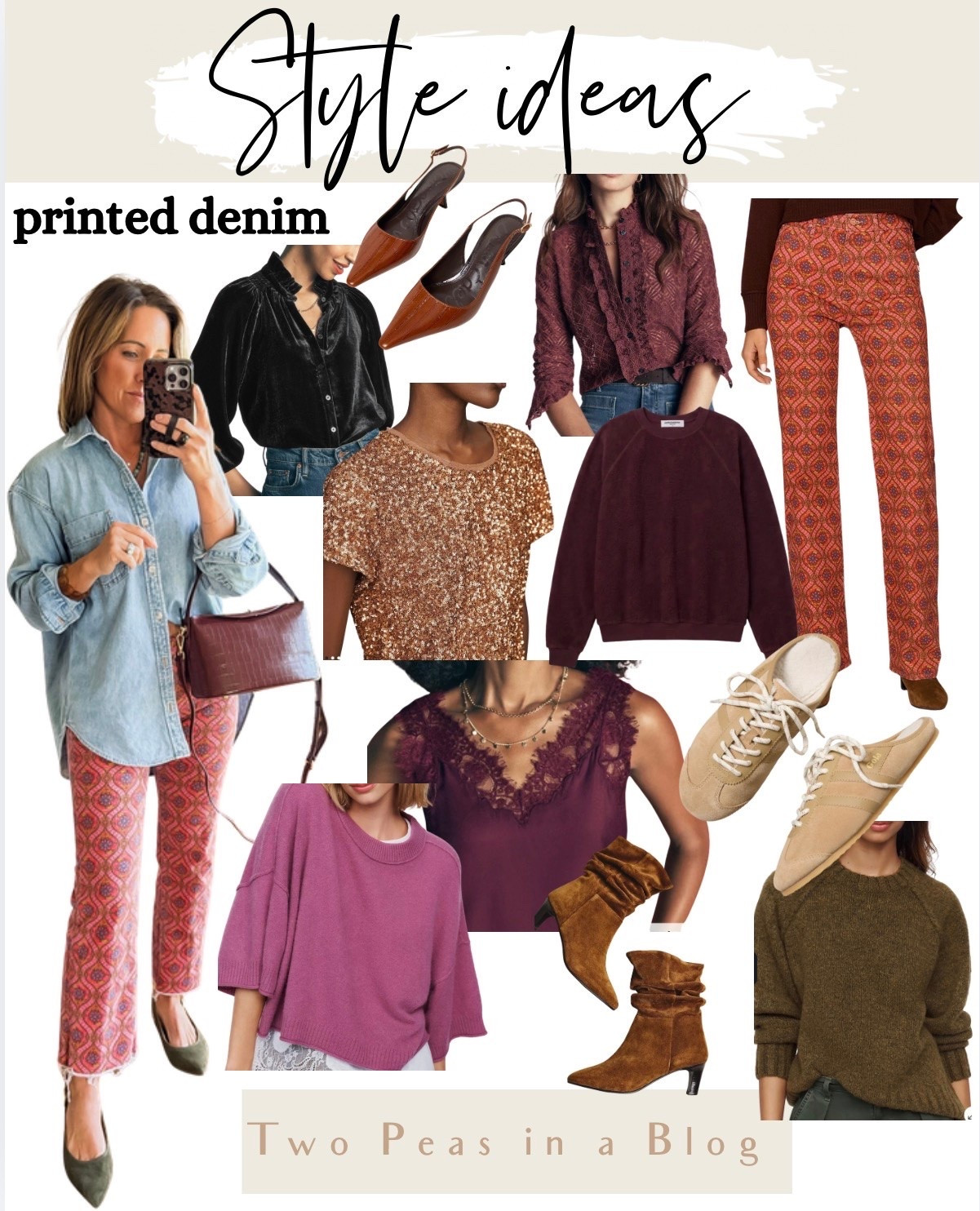 These printed pants are so fun and can be styled a variety of ways casual or dressy!
Today with a denim shirt and flats. 
Wear with an oversized sweater and booties. 
A flowy sweater and statement slingback kitten heels. 
I plan to wear it with a sequin tee or long sleeve and heels this holiday season. 
Play with all the fun color mixing! Jewel tones and rich fabrics.